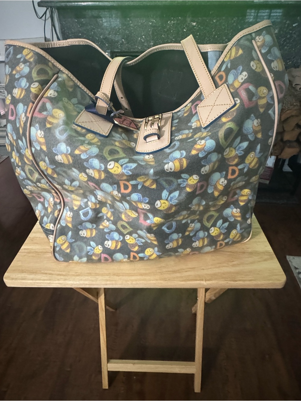Dooney & Bourke Multicolor Bee Print Tote with Tan Trim